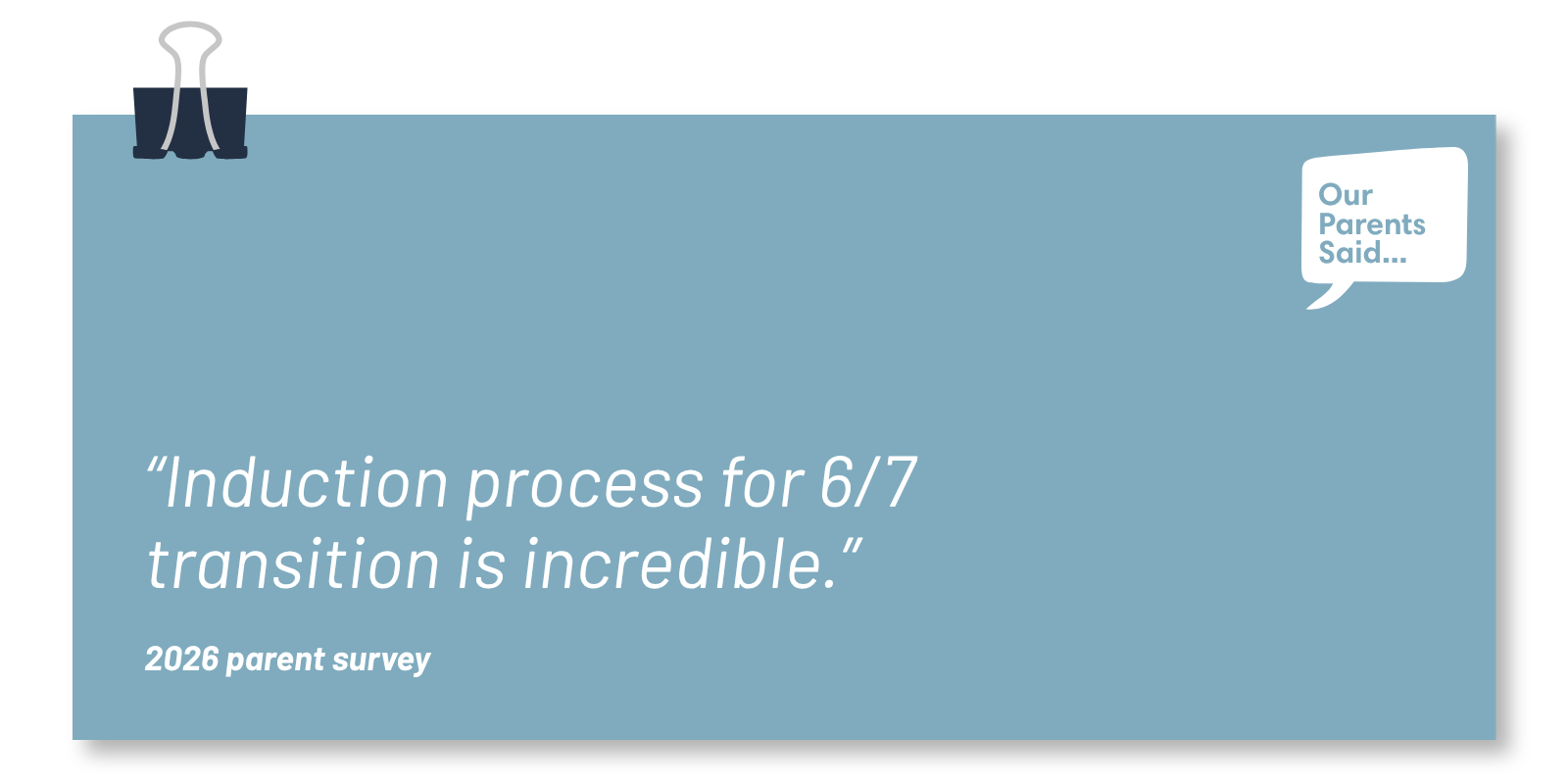“Induction process for 6/7 transition is incredible.”  2026 Parent Survey Quote